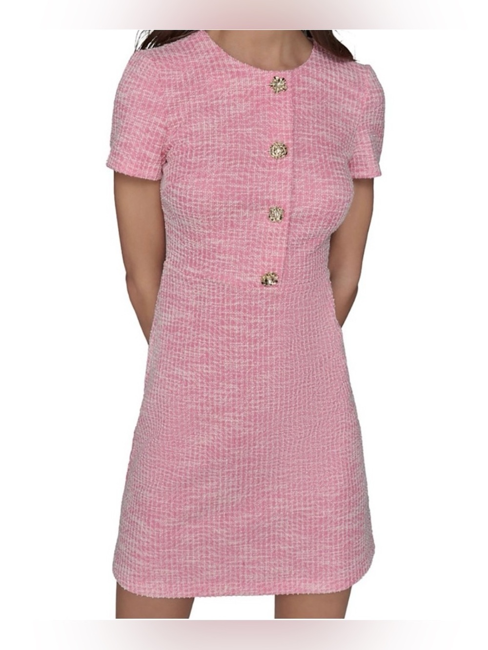 Karl Lagerfeld Paris Pink Tweed Short Sleeve Shift Dress with decorative buttons
